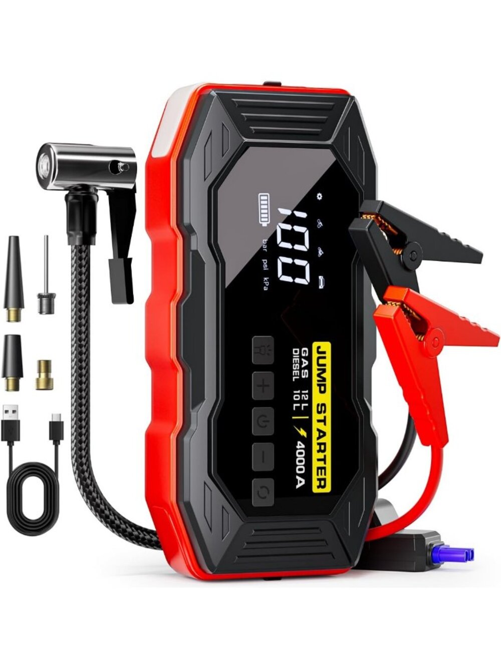 Portable 4000A Jump Starter & 160PSI Air Compressor for Cars, Diesel & Gas